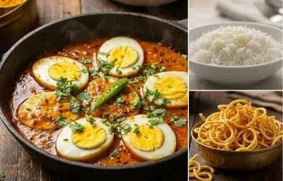 Ande ka Jhol, Steamed Basmati Rice and Aloo Bhujia