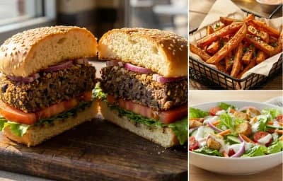 Black Bean Burgers with Sweet Potato Fries and Side Salad