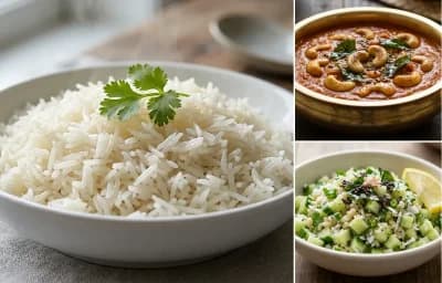 Boiled Rice with Girengi Gassi and Cucumber Kosambari