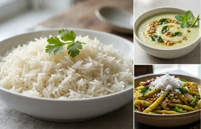Boiled Rice with Pudina Thambuli and Papli Upkari