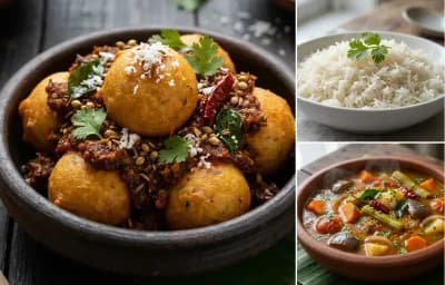 Bondas Sukka with Boiled Rice and Vegetable Sambar