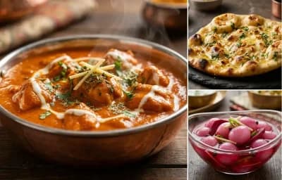 Butter Chicken with Garlic Naan and Sirke Wale Pyaaz