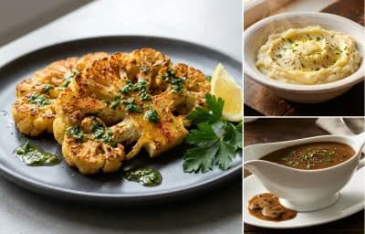 Cauliflower Steaks with Mashed Potatoes and Mushroom Gravy