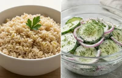 Chickpea Soup with Steamed Brown Rice and Cucumber Salad