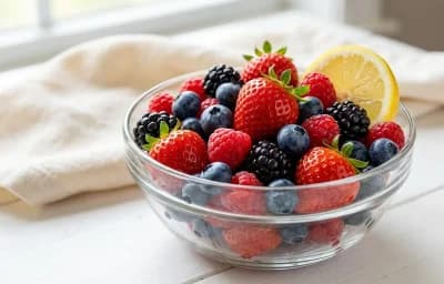 Pancakes with Mixed Fresh Berries and Buttered Sourdough Toast