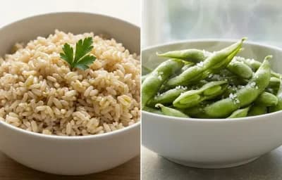 Egg White and Vegetable Stir-fry with Steamed Brown Rice and Steamed Edamame