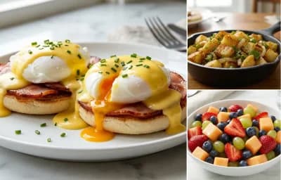 Eggs Benedict with Home Fries and Side of Fruit