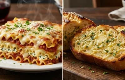 Four Cheese Lasagna with Garlic Bread