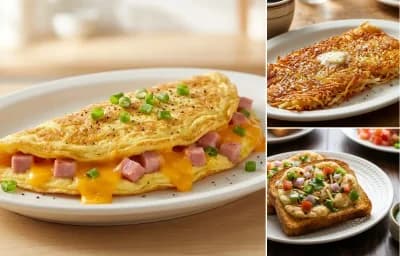 Ham and Cheese Omelet with Hash Browns and Suji Toast