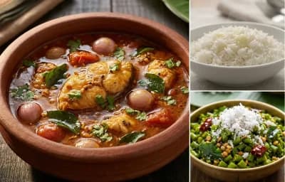 Meen Kuzhambu with Steamed Basmati Rice and Beans Poriyal