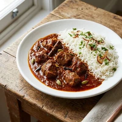 Mutton Rogan Josh, Steamed Basmati Rice and Cucumber Raita