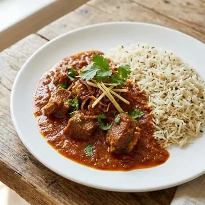 Mutton Rogan Josh, Jeera Rice and Cucumber Raita