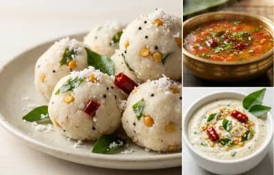 Pundi Gatti with Tomato Rasam and Coconut Chutney