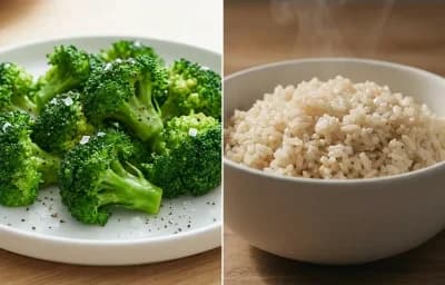 Quinoa Stuffed Peppers with Steamed Broccoli and Brown Rice