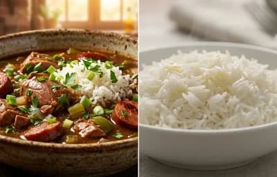 Rabbit and Sausage Gumbo with Steamed Basmati Rice