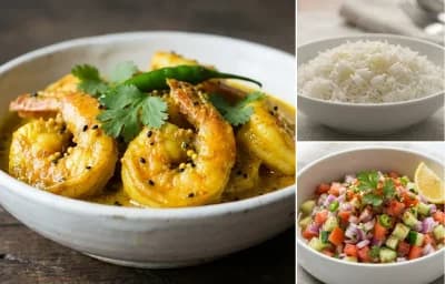 Sarso Prawns, Steamed Basmati Rice and Kachumber Salad