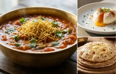 Sev Tameta nu Shaak with Poached Egg and Phulka Roti