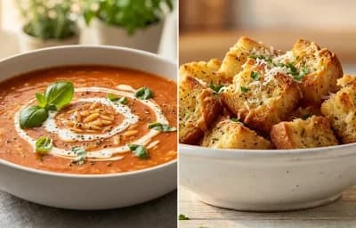 Tomato Soup with Orzo with Cheese Croutons