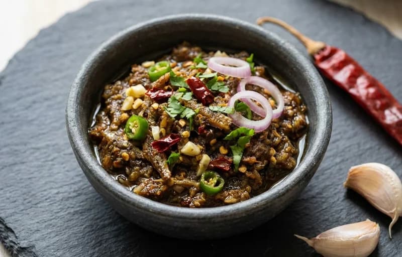 Assamese Dried Fish Chutney, Steamed Basmati Rice, Masoor Dal Tadka and Aloo Pitika - Recipe 1