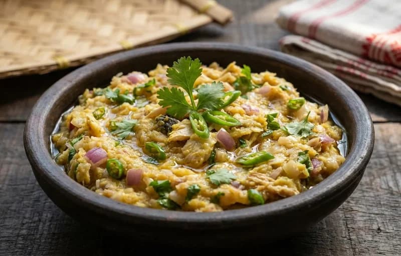 Steamed Basmati Rice, Assamese Fish Pitika and Aloo Pitika - Recipe 2