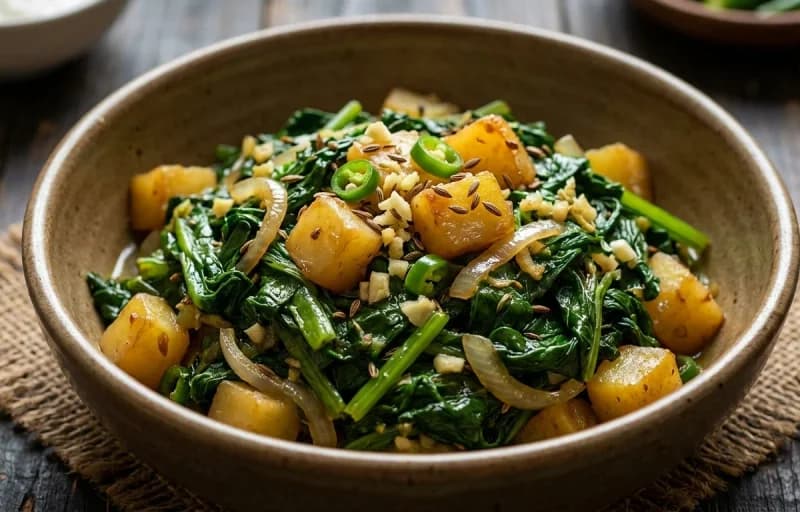 Steamed Basmati Rice, Assamese Mustard Greens Stir-Fry and Aloo Pitika - Recipe 2