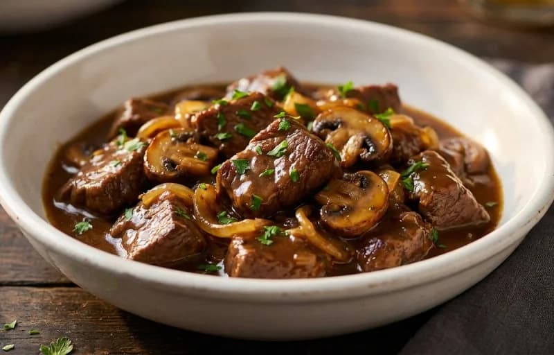 Beef Tips and Gravy, Egg Noodles and Sauteed Green Beans with Bacon - Recipe 1