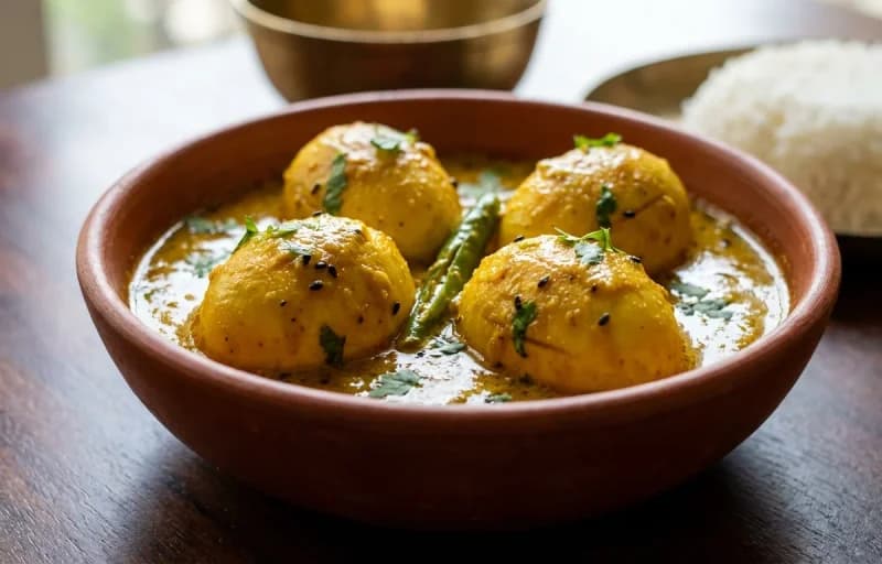 Bengali Mustard Egg Curry, Steamed Basmati Rice and Saag Bhaja - Recipe 1