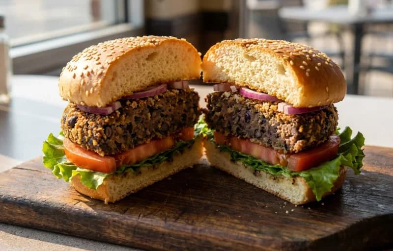 Black Bean Burger with Cheese and Roasted Sweet Potato Wedges