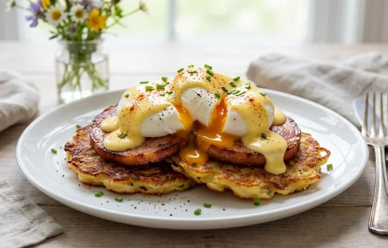 Boxty Benedict, Poached Eggs, Pan-Fried Bacon and Hollandaise Sauce - Recipe 1