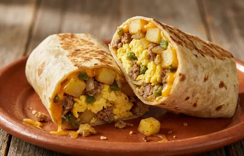 Breakfast Burrito with Green Chile, Breakfast Sausage Patties, Egg Masala Fry and Grilled Cheese - Recipe 1