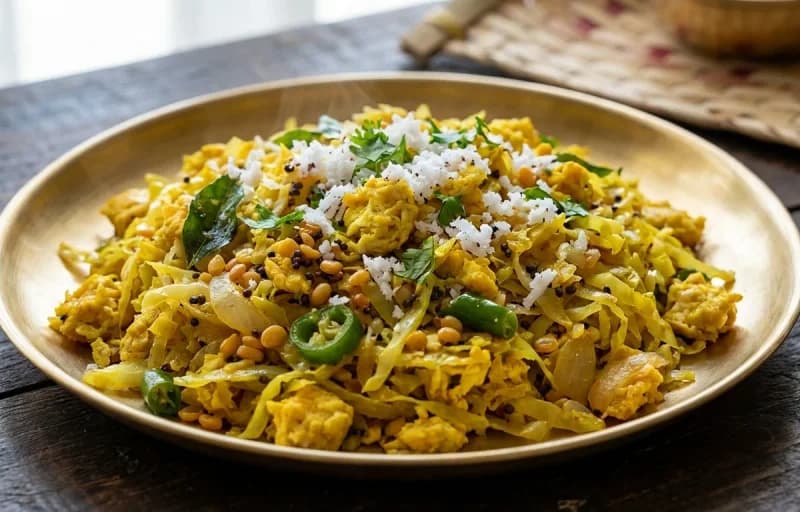 Cabbage and Egg Poriyal with Steamed Basmati Rice - Recipe 1