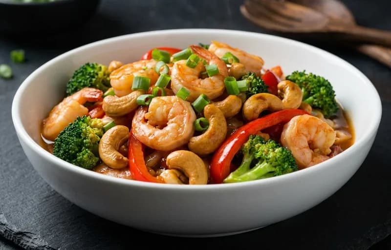 Cashew Shrimp Stir-Fry, Brown Rice and Steamed Snow Peas - Recipe 1