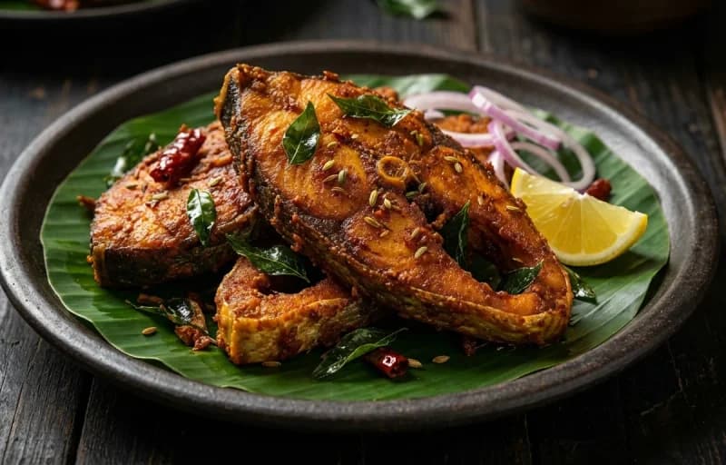 Chettinad Fish Fry, Steamed Basmati Rice and Poondu Kuzhambu - Recipe 1