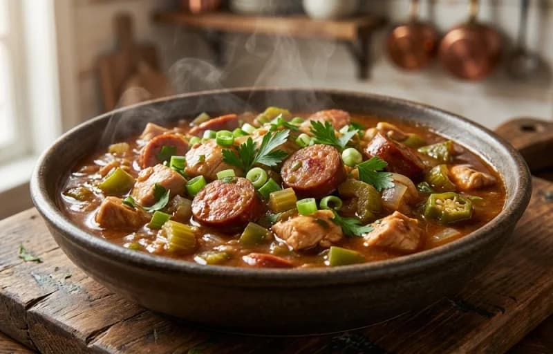 Chicken and Andouille Sausage Gumbo, Steamed Basmati Rice and French Bread - Recipe 1