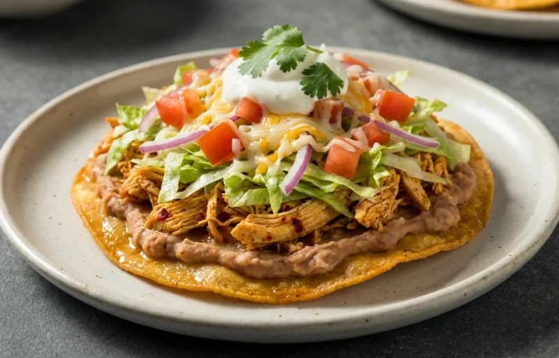 Chicken and Bean Tostadas, Lettuce Leaves, Tomato Soup and Mexican Crema - Recipe 1