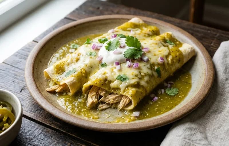 Chicken Enchiladas with Green Sauce, Spanish Rice and Savory Black Beans - Recipe 1