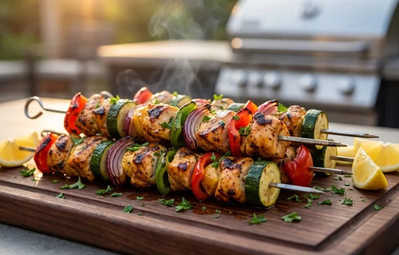Chicken Kabobs, Sauteed Bell Peppers and Onions, Laccha Pyaaz and Couscous Salad - Recipe 1