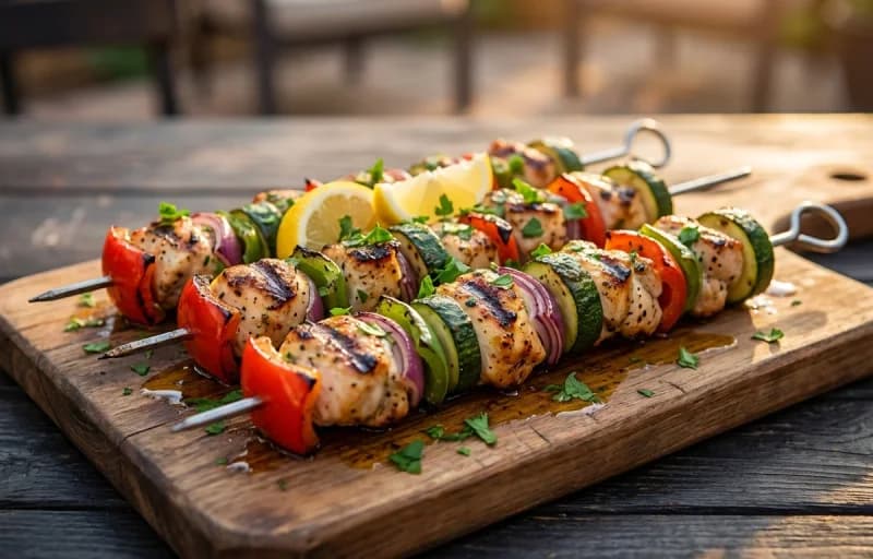 Chicken Kebabs, Roasted Cherry Tomatoes, Sauteed Garlic Parmesan Zucchini and Quinoa - Recipe 1