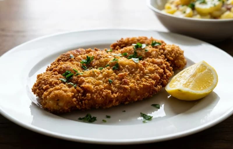 Chicken Schnitzel, Lemon Wedges, Roasted Potatoes and Kachumber - Recipe 1