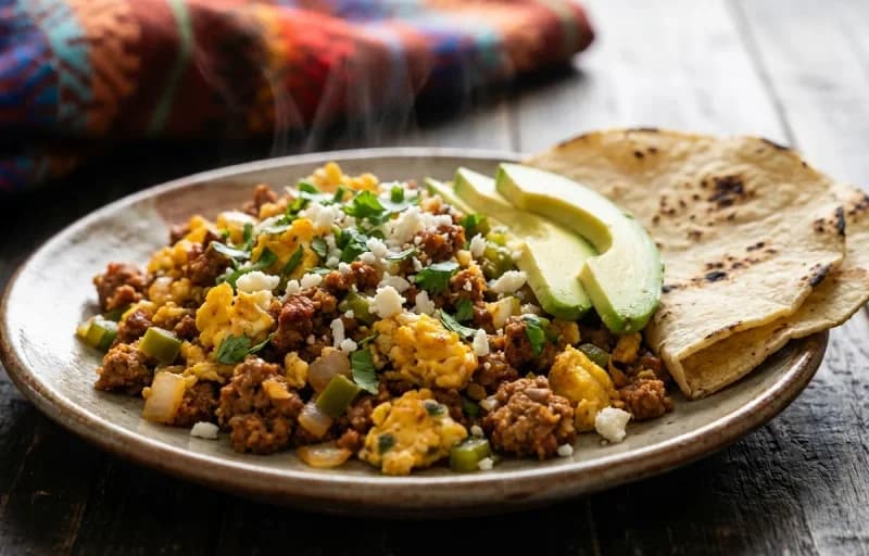 Chorizo con Huevos, Tex-Mex Refried Beans and Tortillas - Recipe 1