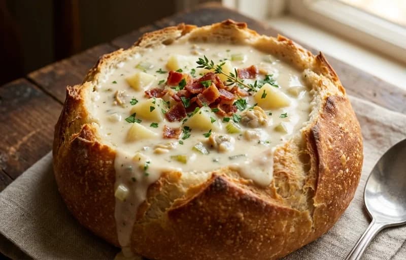 Clam Chowder in a Sourdough Bread Bowl
