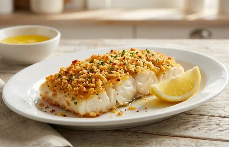 Cod with Cracker Topping, Mashed Potatoes and Steamed Green Beans - Recipe 1