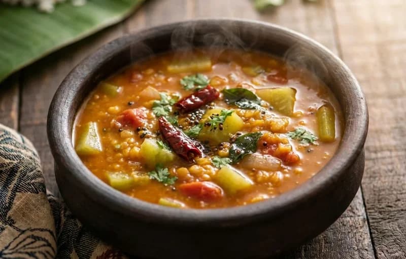Cucumber Sambar, Steamed Basmati Rice and Tondekayi Palya - Recipe 1