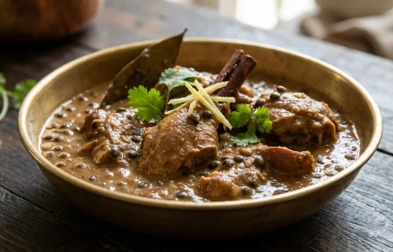 Duck with Black Lentils, Steamed Basmati Rice, Bengena Pitika and Bilahi Tok - Recipe 1