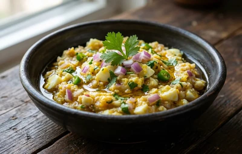 Steamed Basmati Rice, Egg Pitika, Masoor Dal Tadka and Bengenar Pitika - Recipe 2