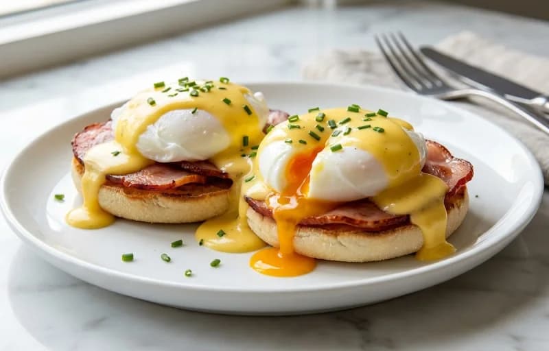Eggs Benedict, Home Fries and Side of Fruit - Recipe 1