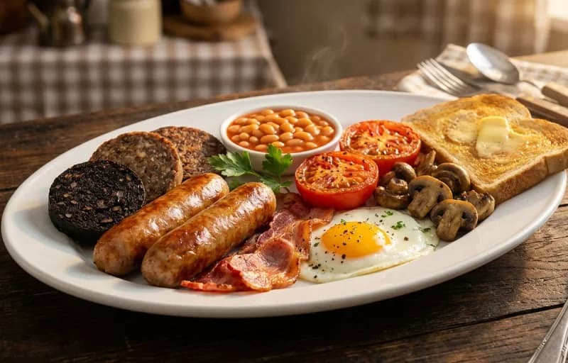 Full Irish Breakfast, Pan-Fried Bacon Rashers, Breakfast Sausage, Black Pudding, White Pudding, Indian Fried Eggs, Grilled Tomatoes and Suji Toast - Recipe 1