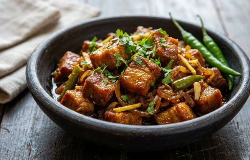 Gahori Manxo Bhaja, Steamed Basmati Rice, Matar Dal and Kachumber Salad - Recipe 1