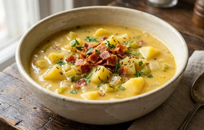 German Potato Soup, Bacon Bits and Rye Bread - Recipe 1