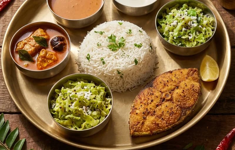 Goan Fish Thali, Vegetable Curry, Steamed Basmati Rice and Sol Kadhi - Recipe 1